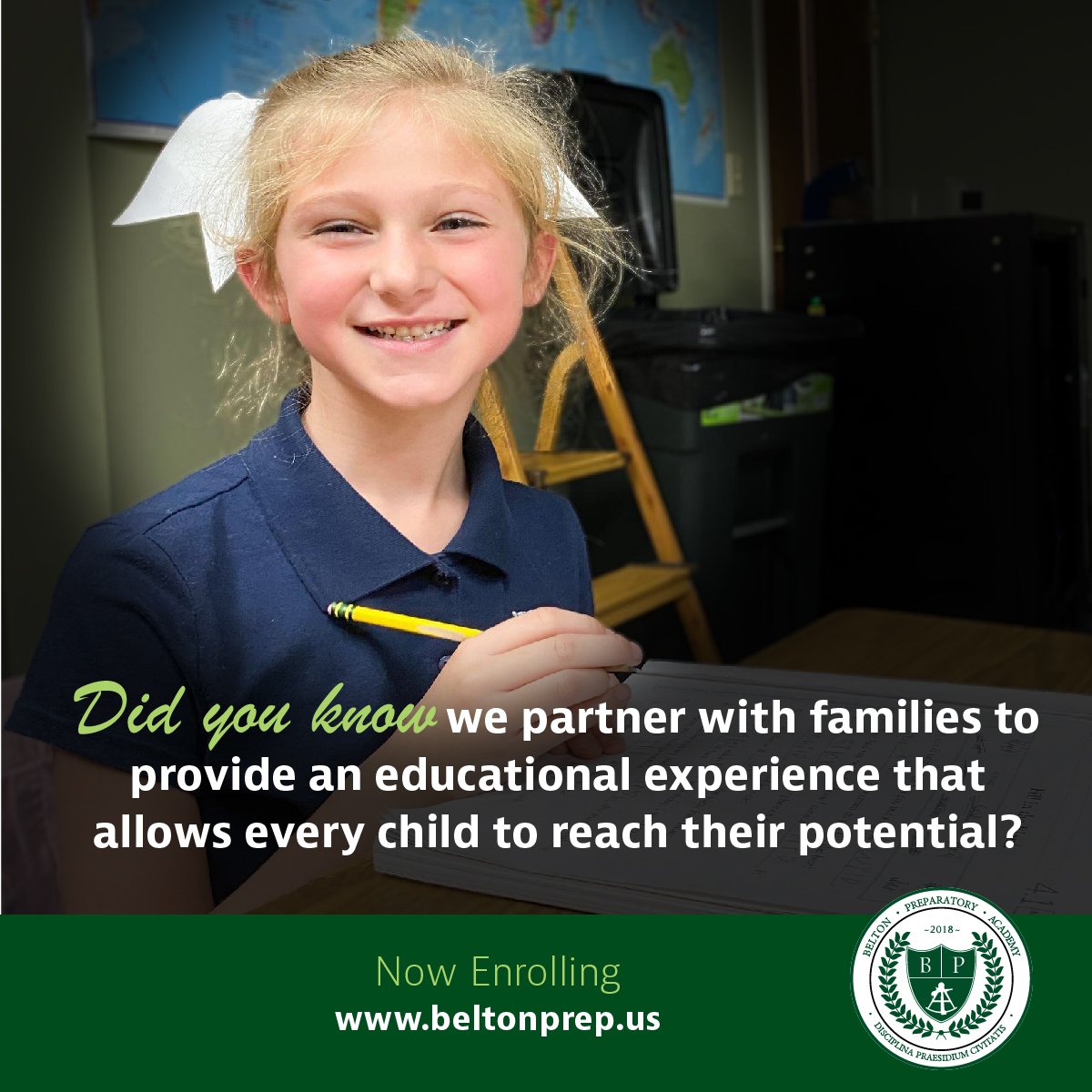 A young girl smilling at her desk with information at the bottom: 'Did you know we partner with families to provide an educational experience that allows every child to reach their potential?'