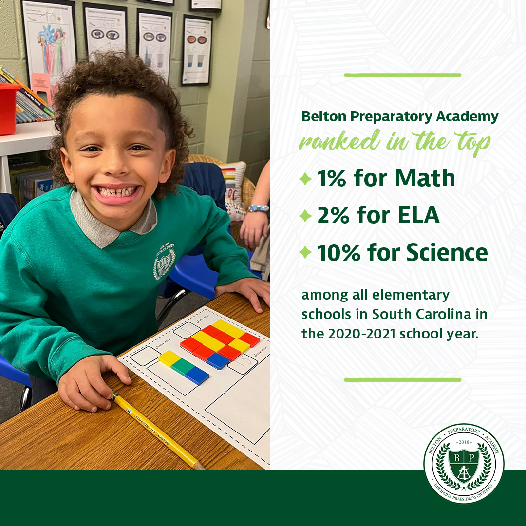 A girl smiling at her desk with info on Belton Preparatory Academy's ranking on the right: 'Ranked in the top 1% for Math, 2% for ELA, and 10% for Science among all elementary schools in South Carolina in the 2020-2021 school year.' 